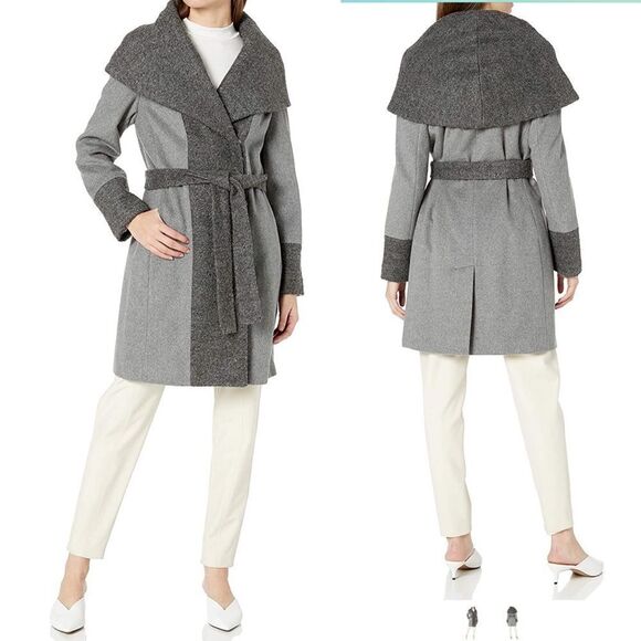 Calvin Klein Women's Wool Wrap Coat with Detachable Belt and Oversized Collar, - Picture 1 of 1